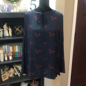 LOFT navy blouse with red floral, cold shoulder, size large.